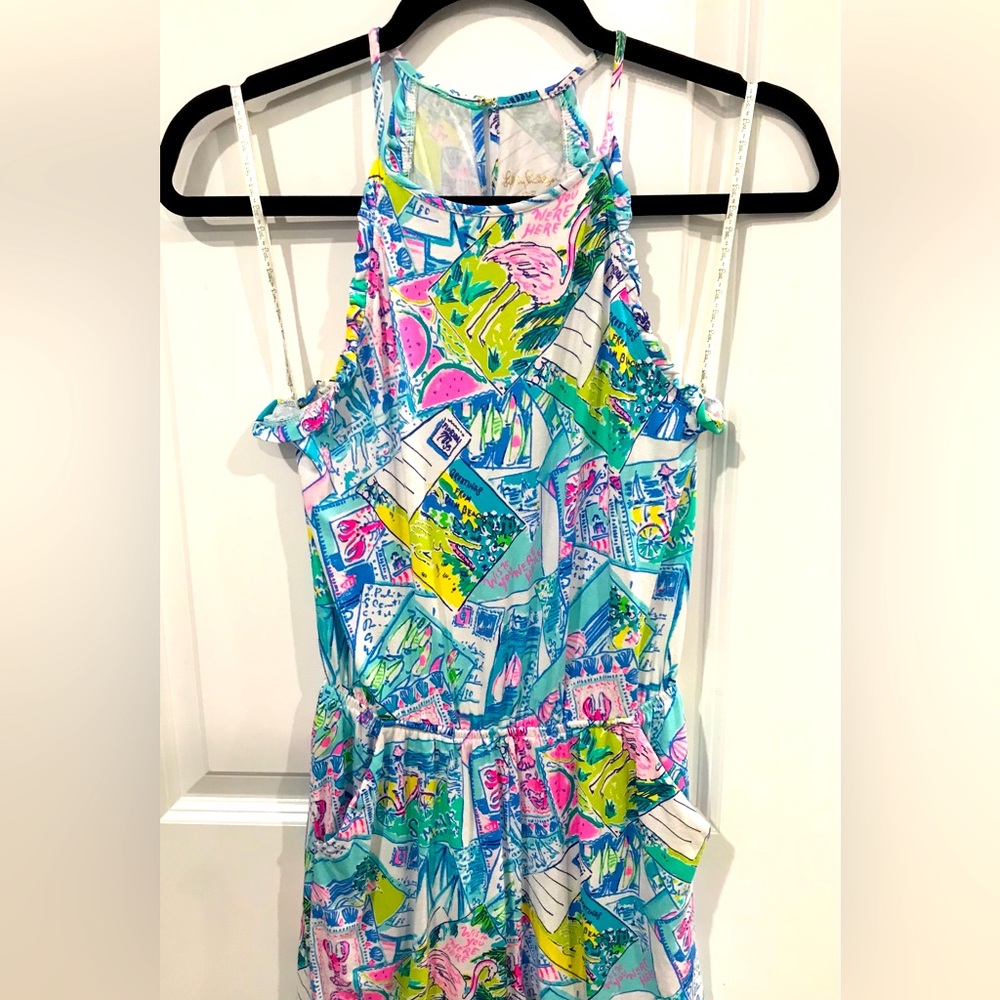 Lilly Pulitzer Dayley Romper Pop Up Wish You Were Here, Size XXS.